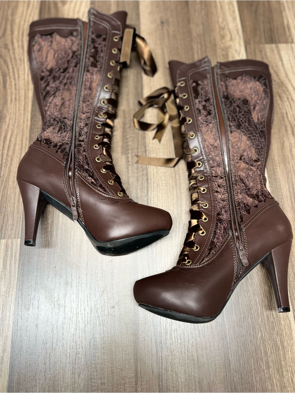 Ellie Lace Panel Brown Women's Heeled Boots Steampunk Style Boots